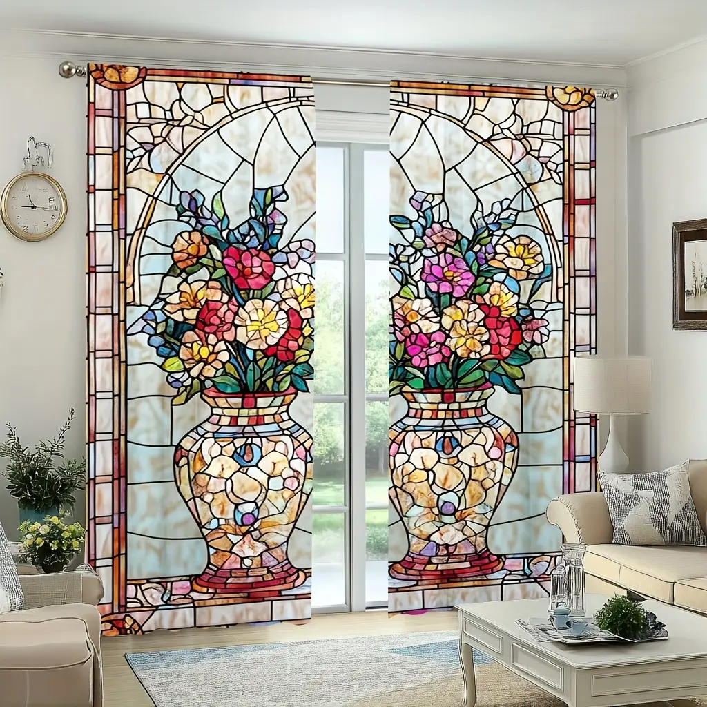2pcs, Gothic Style Floral Window Printed Curtains, Festivals Daily Decorative Curtains with Pole Bag Design, Easy to Hang and Open, Ideal for Living Room, Office, Bedroom, Kitchen, Coffee Shop, Vacation Home