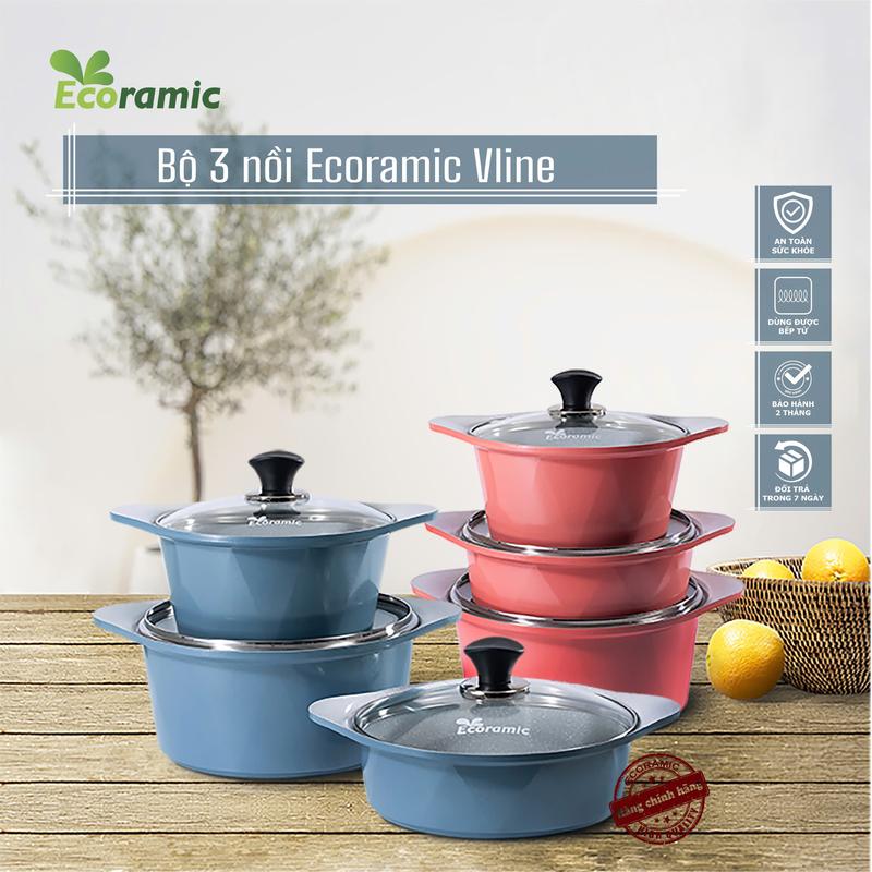 Bộ 3 Nồi Vân Đá Đáy Từ Ecoramic - Dùng Cho Mọi Loại Bếp - Tặng Chảo Inox TOPWARE Size 20 + Cặp Nhấc Nồi