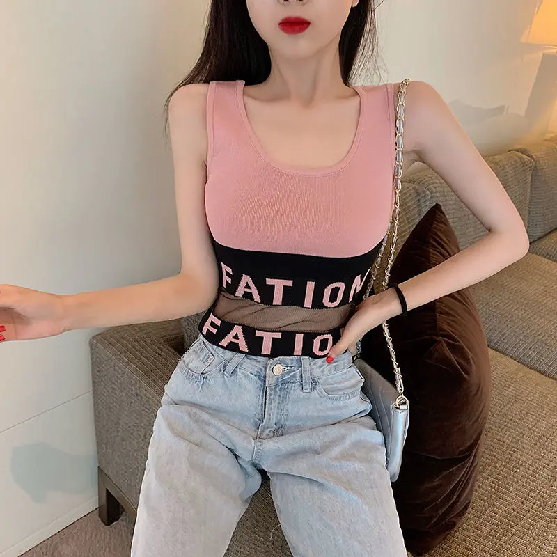 Áo Yếm Dệt Kim, Cropped Xén, Có Khâu Lưới Và Chữ Cái, Dễ Phối Đồ Ngắn, Dành Cho Nữ, Có Thể Mặc Ngoài Trời, Bó Sát, Áo Không Tay Tập Thể Dục, Thích Hợp Cho Mùa Hè Top Women Màu Đen áo  2  dây  hello  kitty  ôm 1