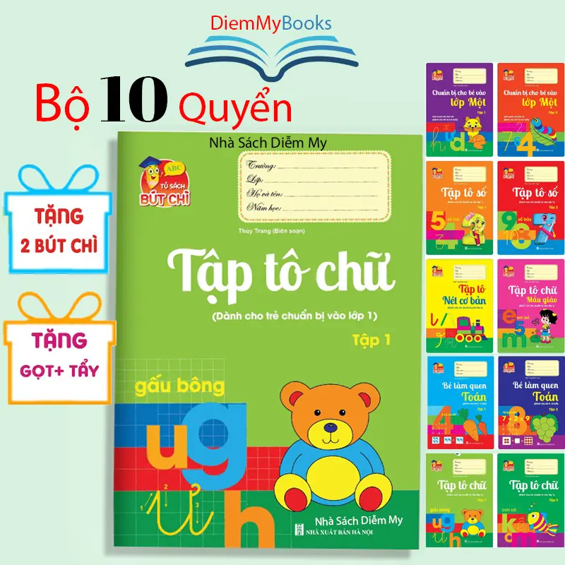 Sách- Bộ 10 Quyển Vở Luyện Viết Tập Tô Chữ Cho Bé Mẫu Giáo Từ 3 4 5 Tuổi Mầm Non Chữ Số To Tặng 2 Bút Chì Gọt Tẩy