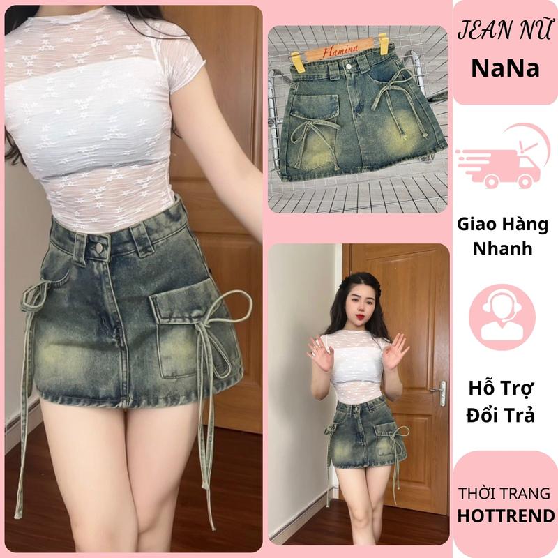 Chân váy jean bò nữ chữ A thắt nơ cạp cao có quần bảo hộ bên trong  xịn xò chất vải loại 1 hottrend 2024 Women Kem chanvay jeanngan vạt chéo