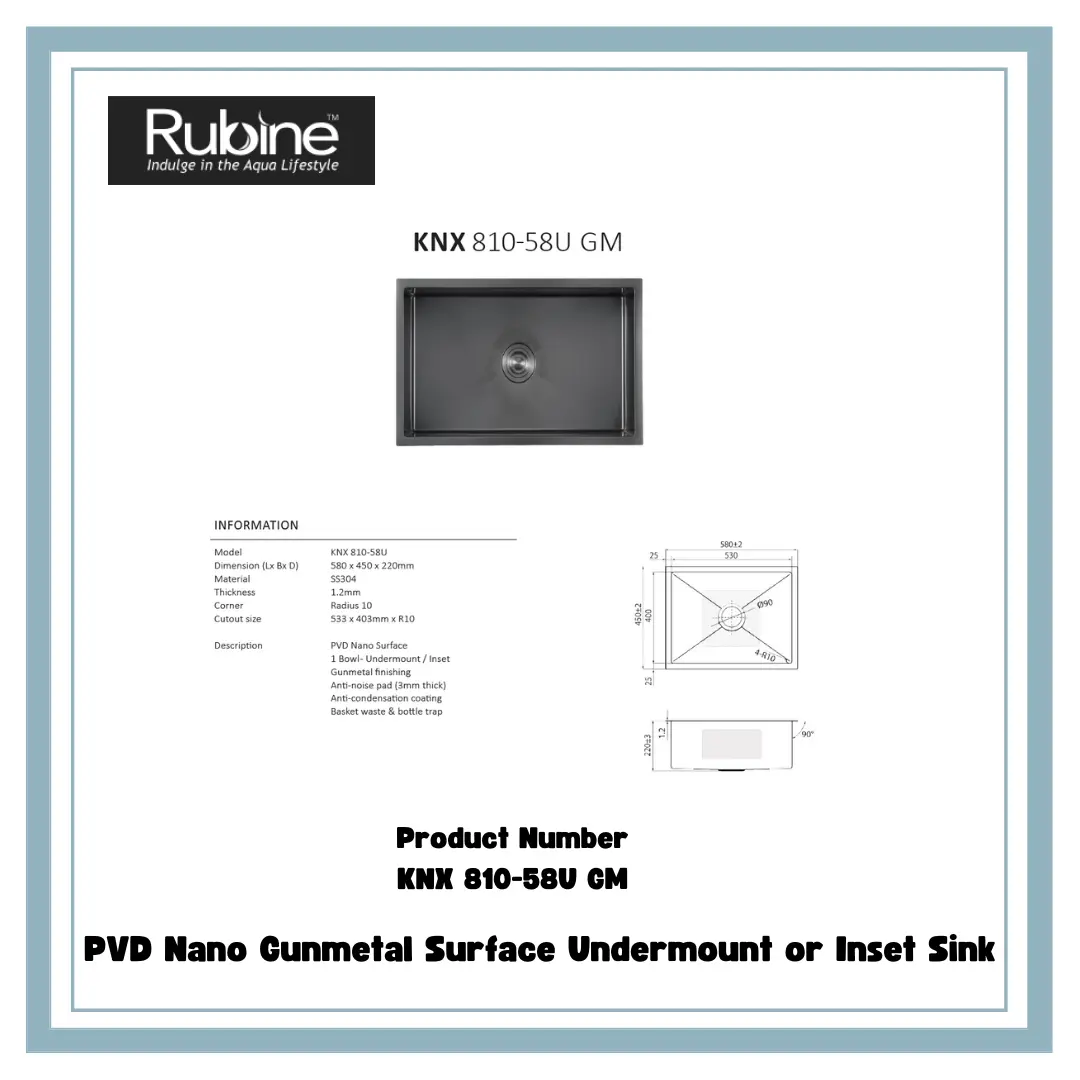 Rubine PVD Nano Coating Stainless Steel Kitchen Sink In Gunmetal 580MM