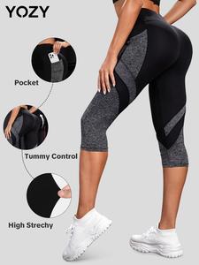 YOZY Women's Colorblock High Waist Capri Leggings, Casual Pocket Design Capri Skinny Pants for Yoga Gym Workout, Ladies Bottoms for All Seasons