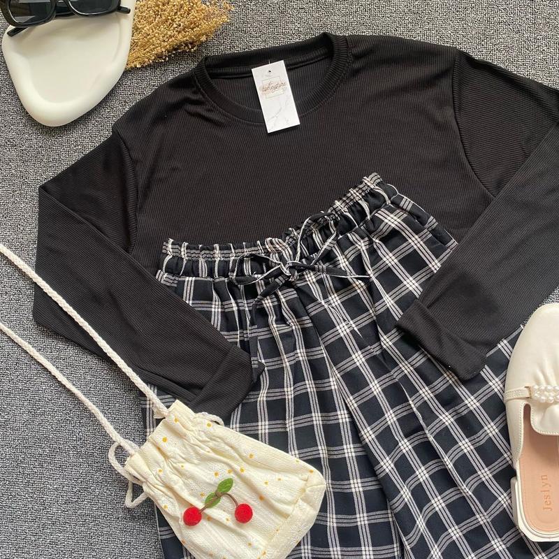 (BISA COD) One Set Outfit Kaos RIB dan Celana Baggy Pants atasan Lengan panjang 1
