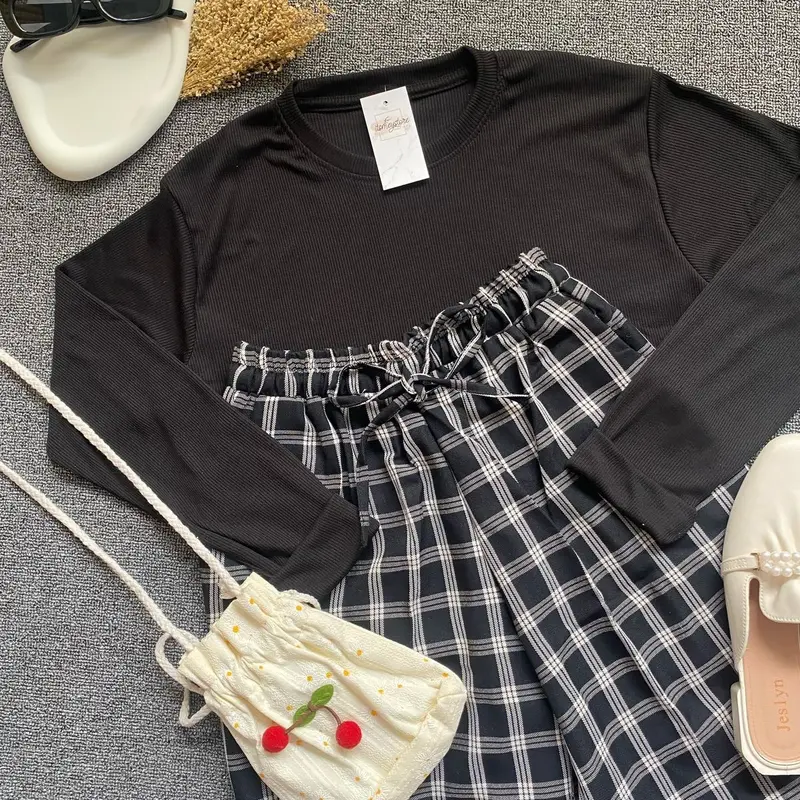 (BISA COD) One Set Outfit Kaos RIB dan Celana Baggy Pants atasan Lengan panjang 0