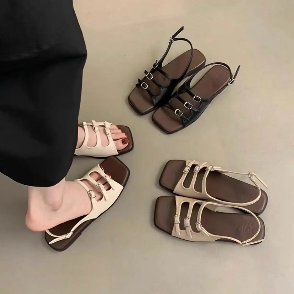 [ D33 - Đế Bệt ] Sandal nữ ba quai da đế bệt cài khóa sang chảnh hàng mới 2024
