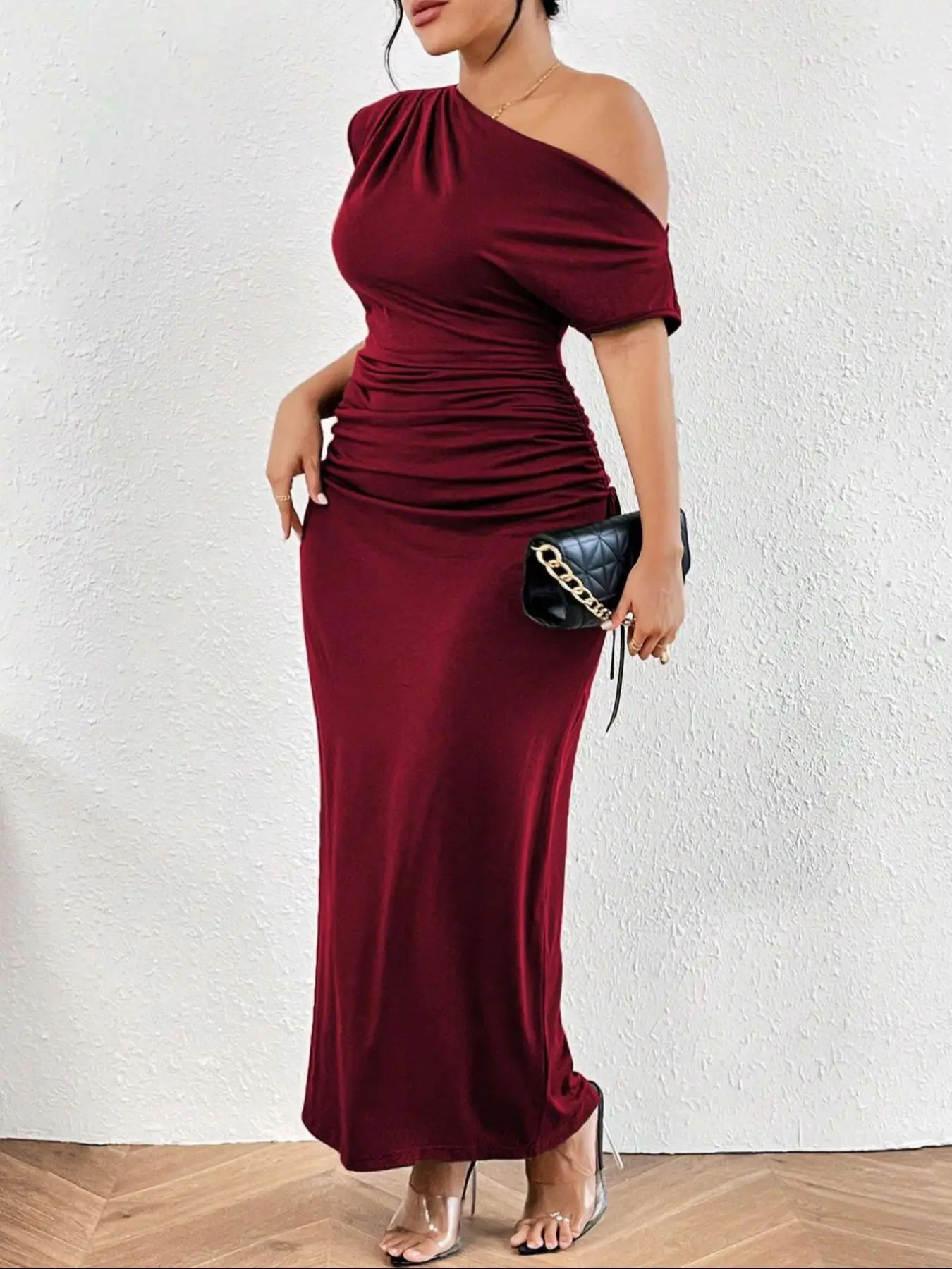 【Plus Size】 Plain Ruched Asymmetrical Neck Dress, Elegant Short Sleeve Dress for Party Holiday, Holiday Dresses, Wedding Guest Dresses, Women's Clothes for Spring & Fall, Gowns Beautiful Gowns