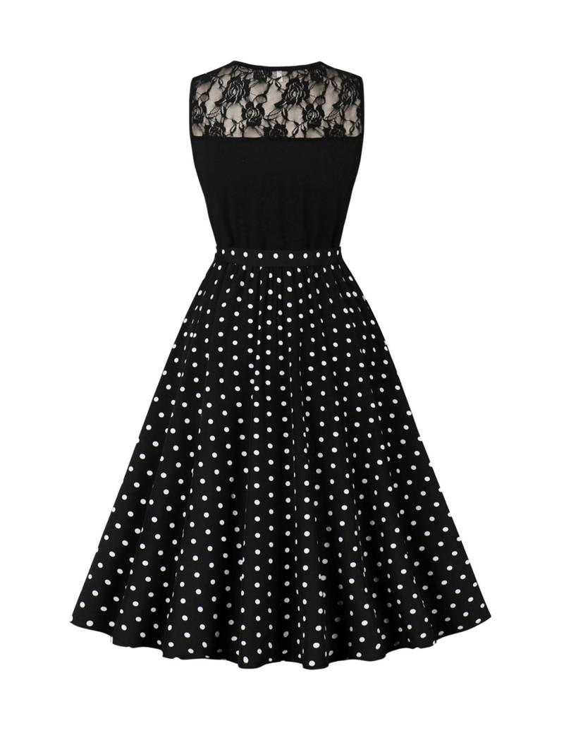 Product Introduction of Women's Patchwork Polka Dot Print Contrast Lace Belted Dress, Elegant Sleeveless Round Neck A Line Midi Dress for Summer, Fashion Women's Dress for Party Holiday Dating 2
