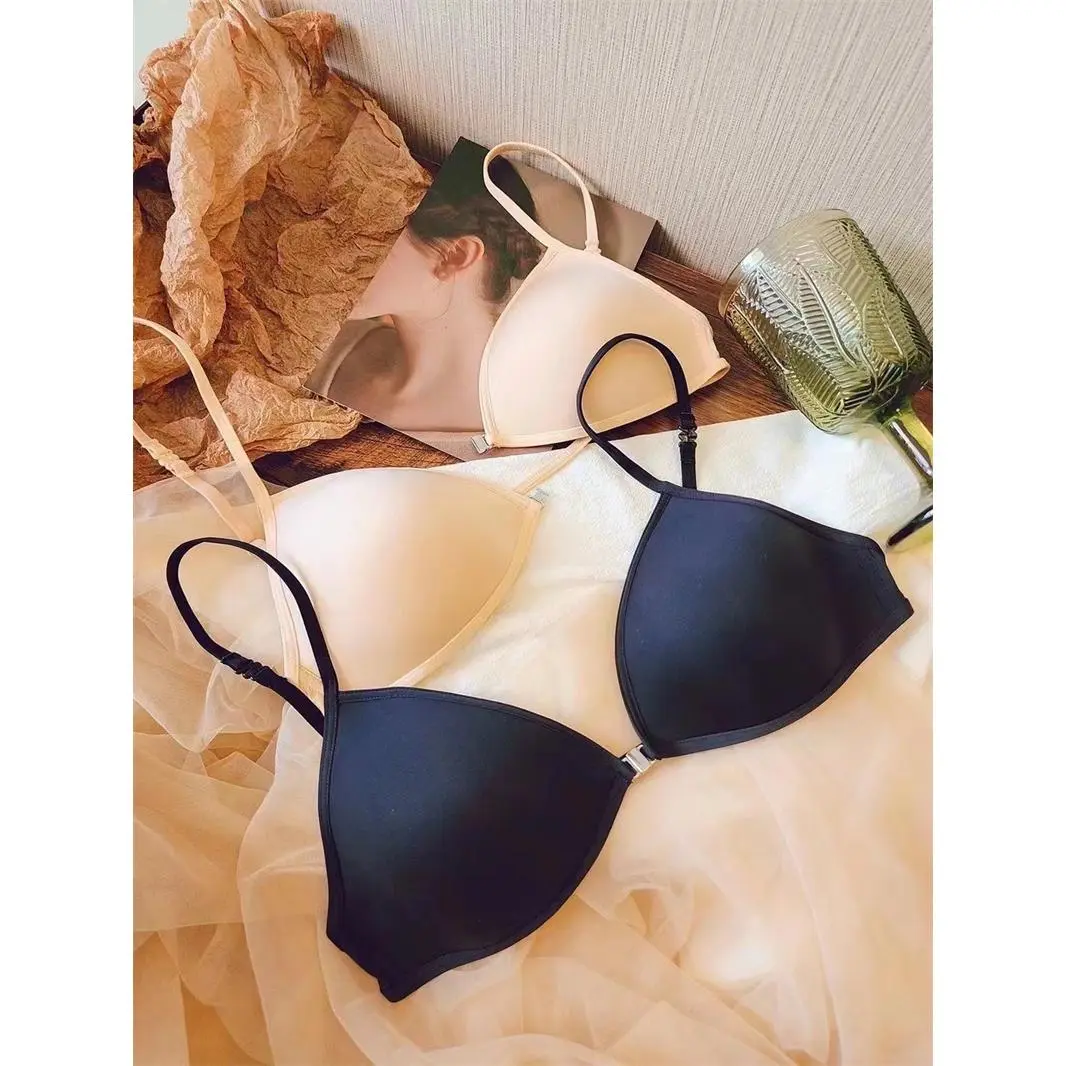 French triangle cup underwear women's beauty back hanging neck thin shoulder straps front buckle bra thin seamless small chest bra summer