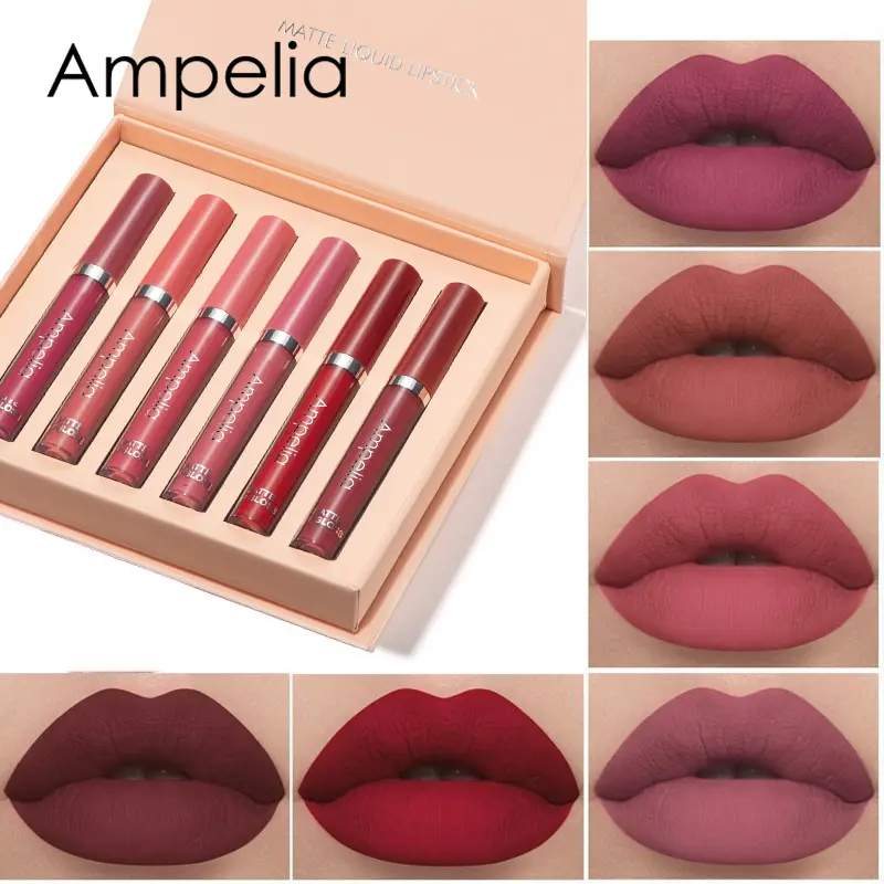 Ampelia Lipstick Matte Liquid Lipstick Makeup Set 6pcs Lip gloss Lipstik Waterproof Lip Gloss Non-Stick Cup Velvet Matte Lipstick Bibir Lembut Tahan Lama