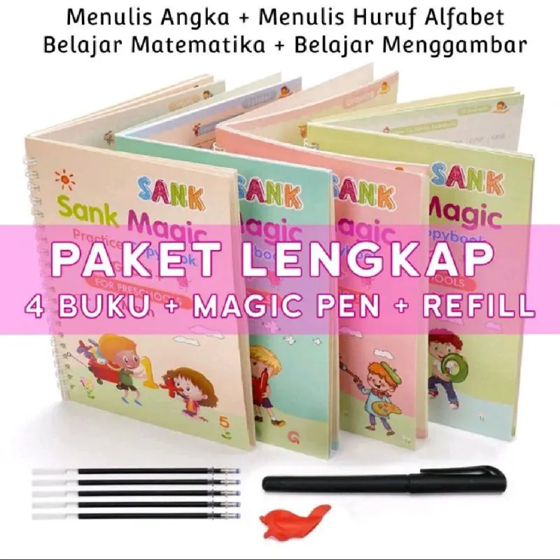 Sank Magic Book 4in1 Buku Belajar Set 4 Buku Seri Alphabet Number Math Drawing Plus Pen Refill Silicone Holder