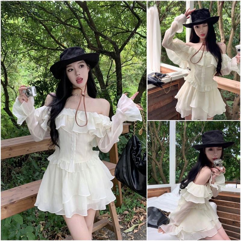 Sét Bộ Váy Bánh Bèo Gồm Áo Trễ Vai + Chân Váy Xoè 2 Tầng Kem