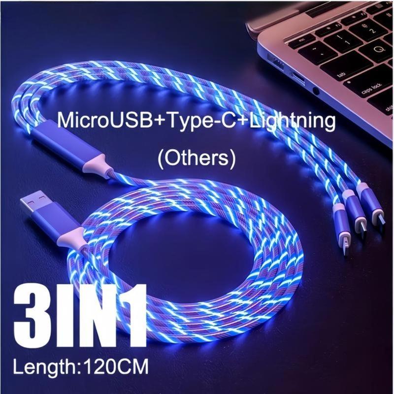 Cáp sạc di động, 3 IN 1, Cáp USB LED, Streamer đầy màu sắc, Cáp Type C và Micro, Sạc nhanh, Dòng dữ liệu 0
