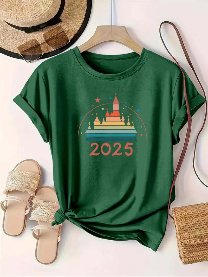 Product Introduction of 【Plus Size】 Cartoon Castle & Figure Print Round Neck Tee, Casual Short Sleeve Crew Neck T-shirt for Summer, Women's Plus Clothing for Daily Wear 2