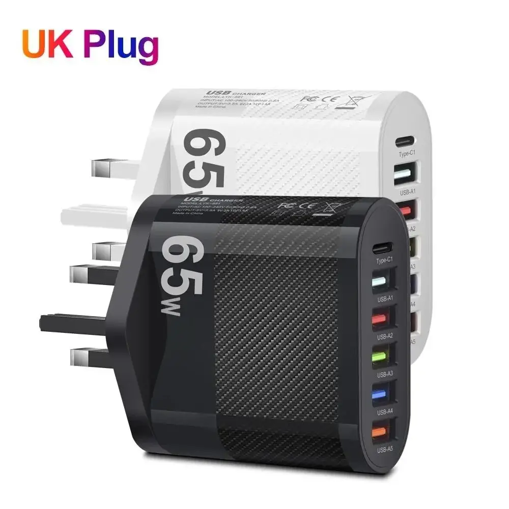 Phone Adapter 5 Ports Quick Charger Adapter 3.1A Fast Charging Fast Charging Mobile Phone Adapter 65W Portable 65W GaN Charger Mobile Phone