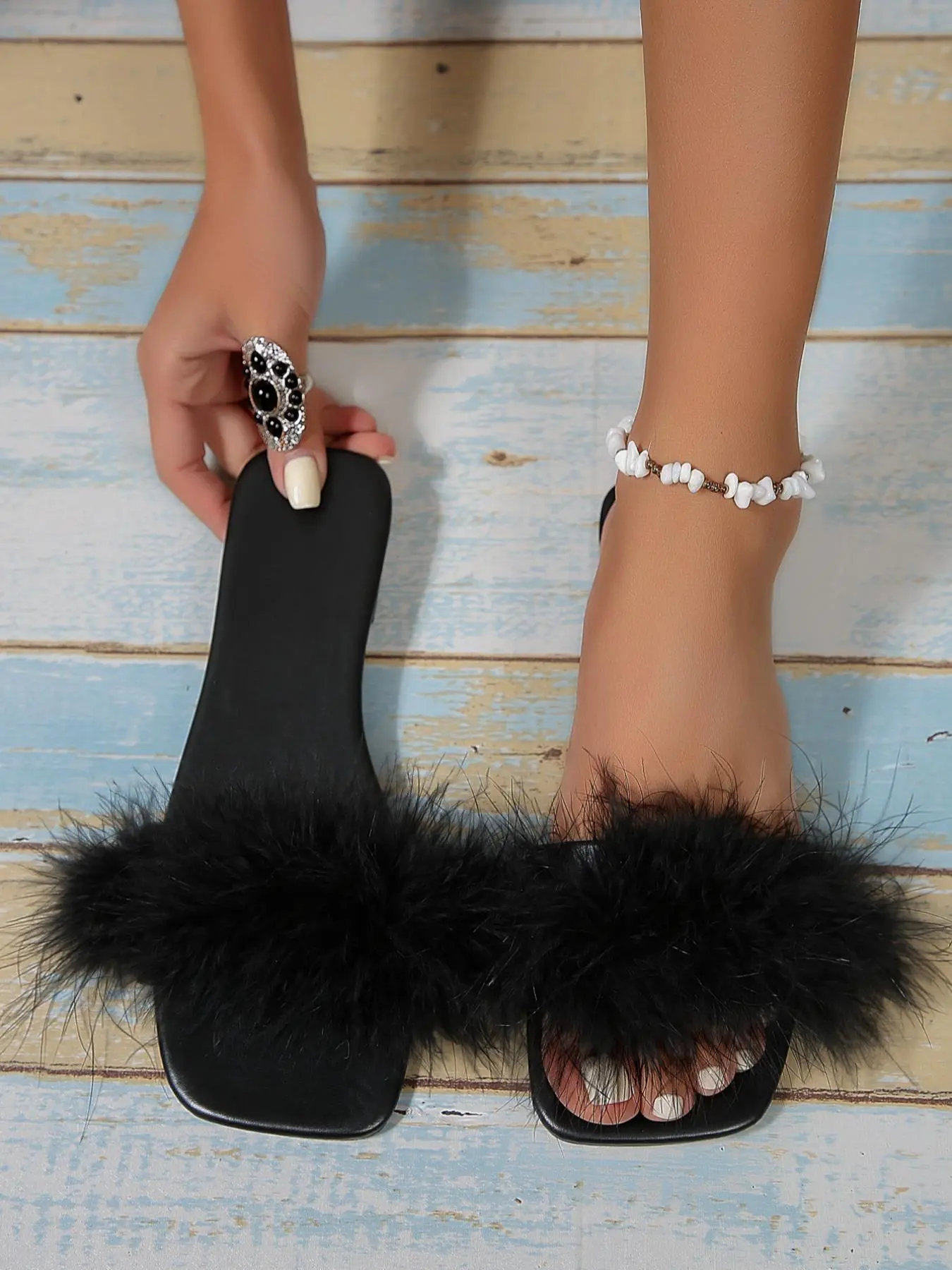 Women's Summer 2024 Solid Color Faux Fur Slide Sandals, Fashionable Open Toe Flat Sandals For Summer, Trendy All-match Slide Sandals for Summer, Valentine's Day, Gift