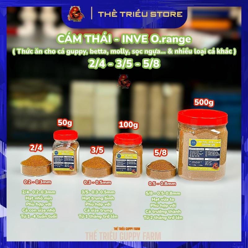Cám Thái INVE O.range Plus 2/4 3/5 5/8 - Bổ sung thêm men tiêu hoá, vitamin và khoáng chất tổng hợp ( Thức ăn cho cá guppy, betta, molly, sọc ngựa và nhiều loại cá cảnh nhỏ khác ) Hủ 50g-100g-500g-1000g