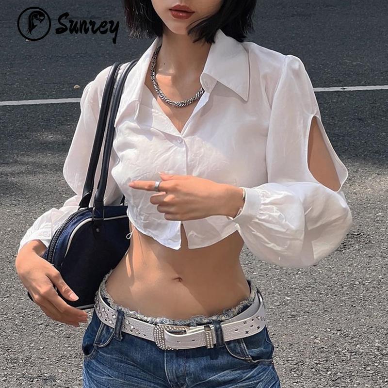 Product Introduction of Sunrey Women's Spring Autumn Crop Tops White Long Sleeve Lapel Hollow Button Down Blouse 30