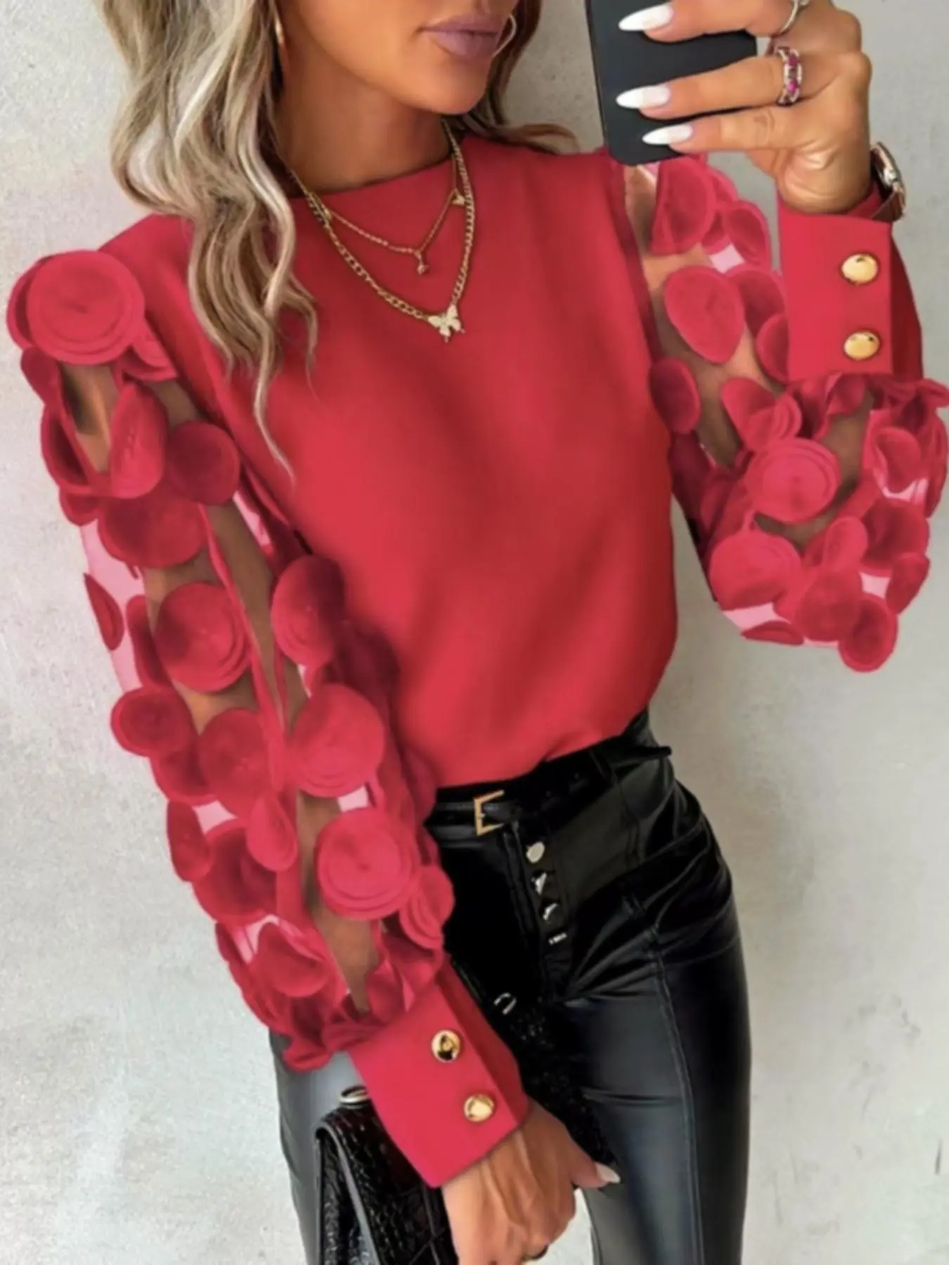 Women's Plain Contrast Mesh Appliques Sheer Bishop Sleeve Blouse, Elegant Long Sleeve Round Neck Top for Fall, Women's Clothing for Daily Wear, Clothes for Women, Cute Clothes