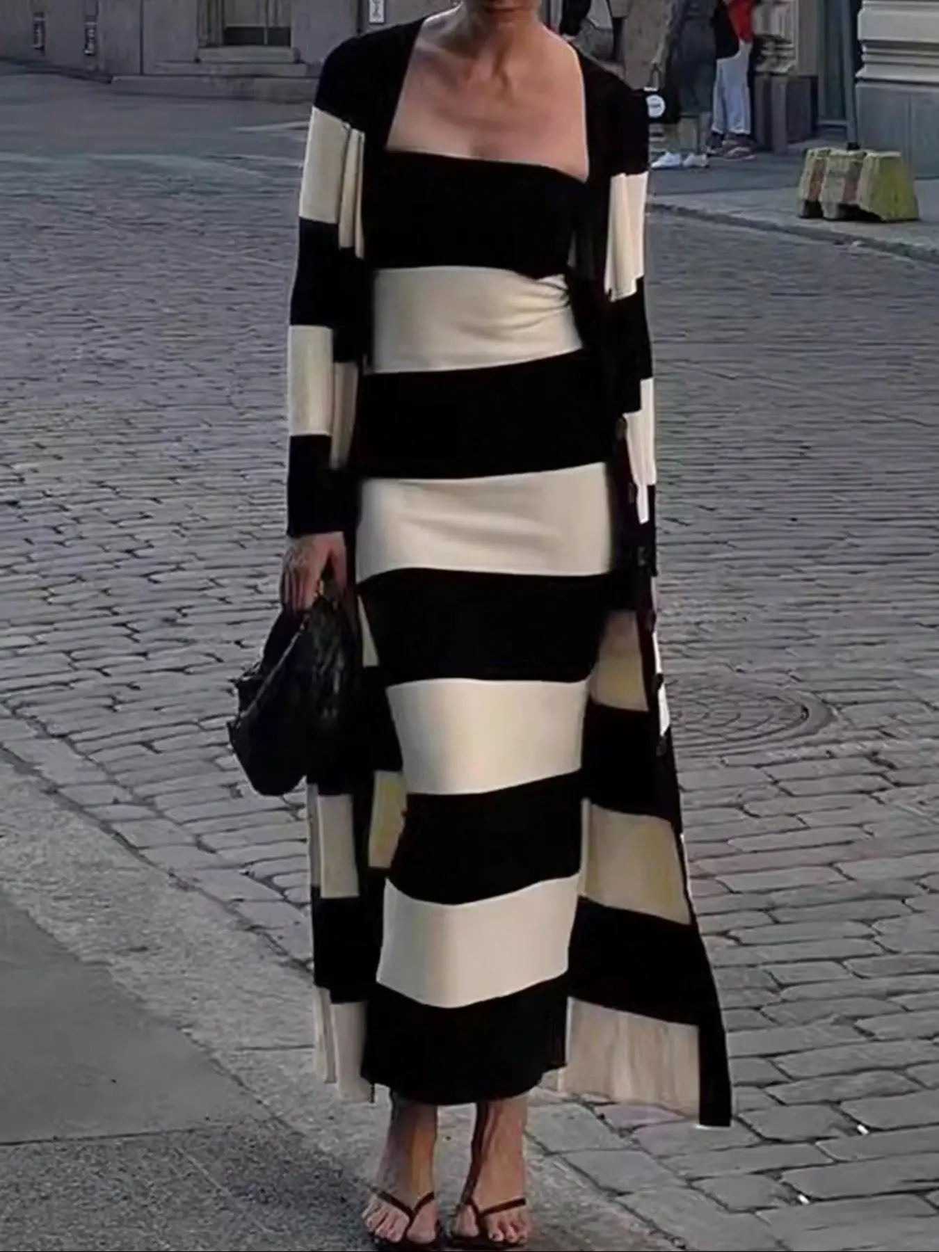 Women's Striped Print Button Front Longline Cardigan & Tube Dress Two-piece Set, Casual Long Sleeve Outerwear & Strapless Long Dress for Daily Wear, Ladies Two-piece Outfits for All Seasons, Co-ord Sets, Knitted Co Ord Set， Tall Clothing Women