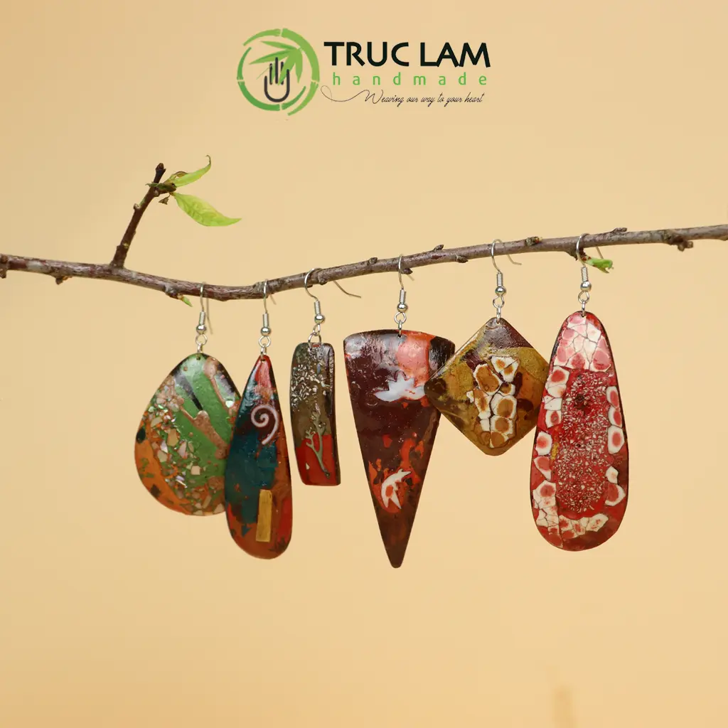 Phụ kiện thời trang khuyên tai gáo dừa sơn mài khảm trai khảm trứng khảm kim ASS146 Trúc Lâm Handmade
