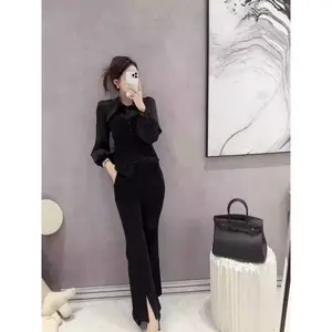 [clearance] FADFAD Jumpsuit Elegan Celana Panjang Lengan Panjang Tinggi Pinggang Warna Hitam Berkerah Untuk Wanita Gaya Modis
