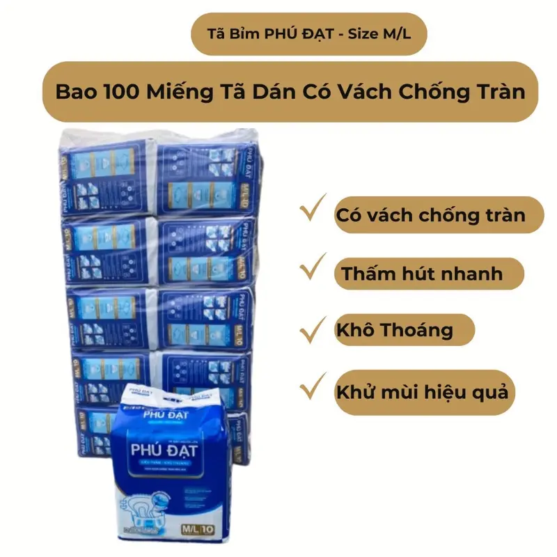 ComBo 5 bịch /50 miếng - Tã Bỉm Dán Người Già PHÚ ĐẠT sz:M/L Vòng eo : 68-122cm .Có vách ngăn chống tràn Kép , rãnh thấm hút kim cương  . 7