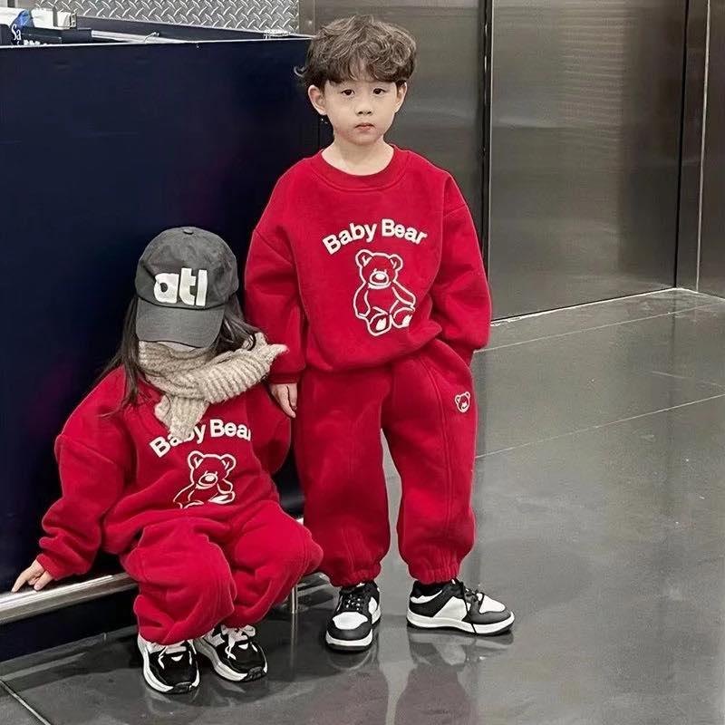 [MẸ THÓC]   set bé trai, bé gái: set bộ quần áo nỉ in hình gấu chữ baby bear by KID CLOTHING