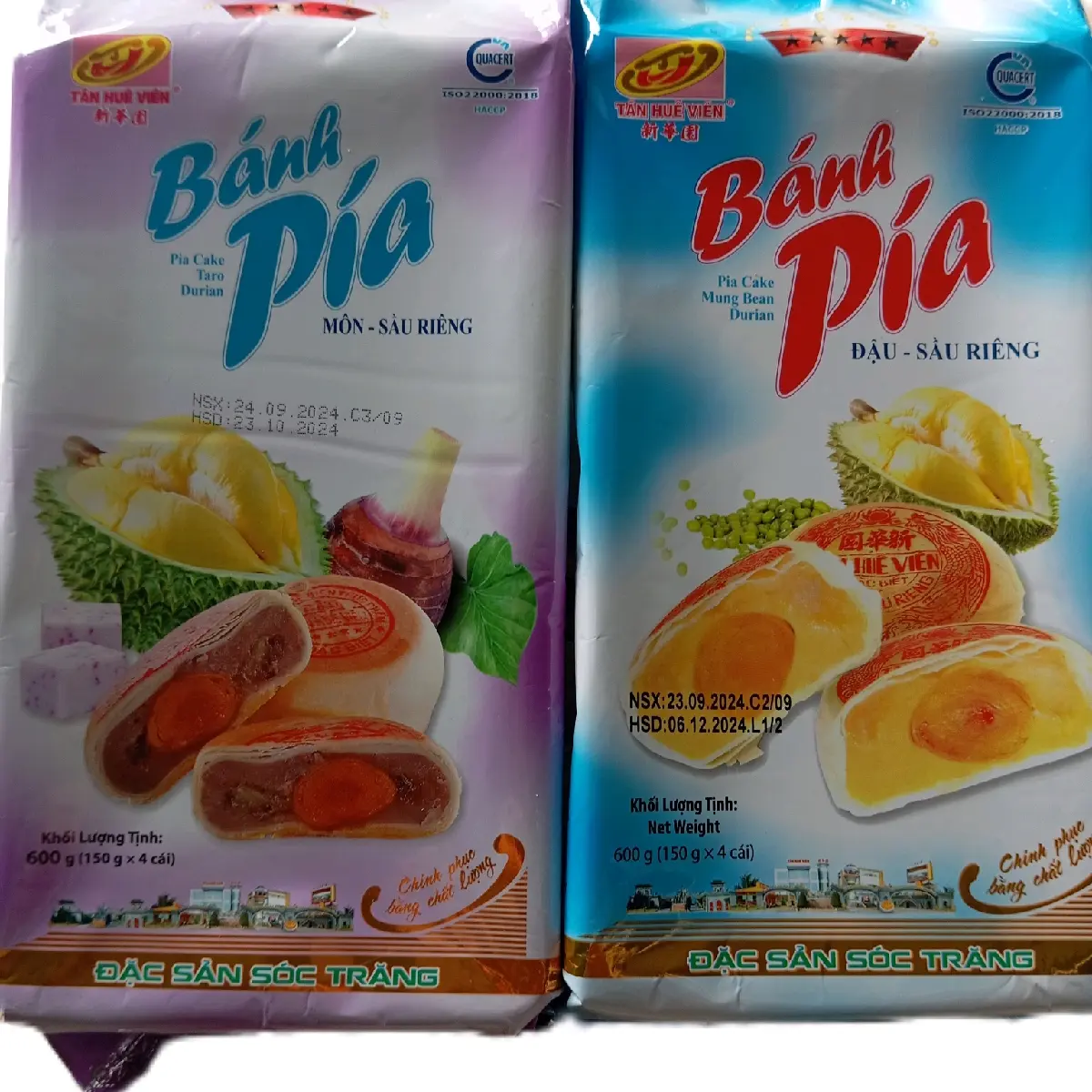 Com bo 2 túi bánh pía đậu xanh sầu riêng trứng muối và khoai môn sầu riêng trứng muối Tân Huê viên