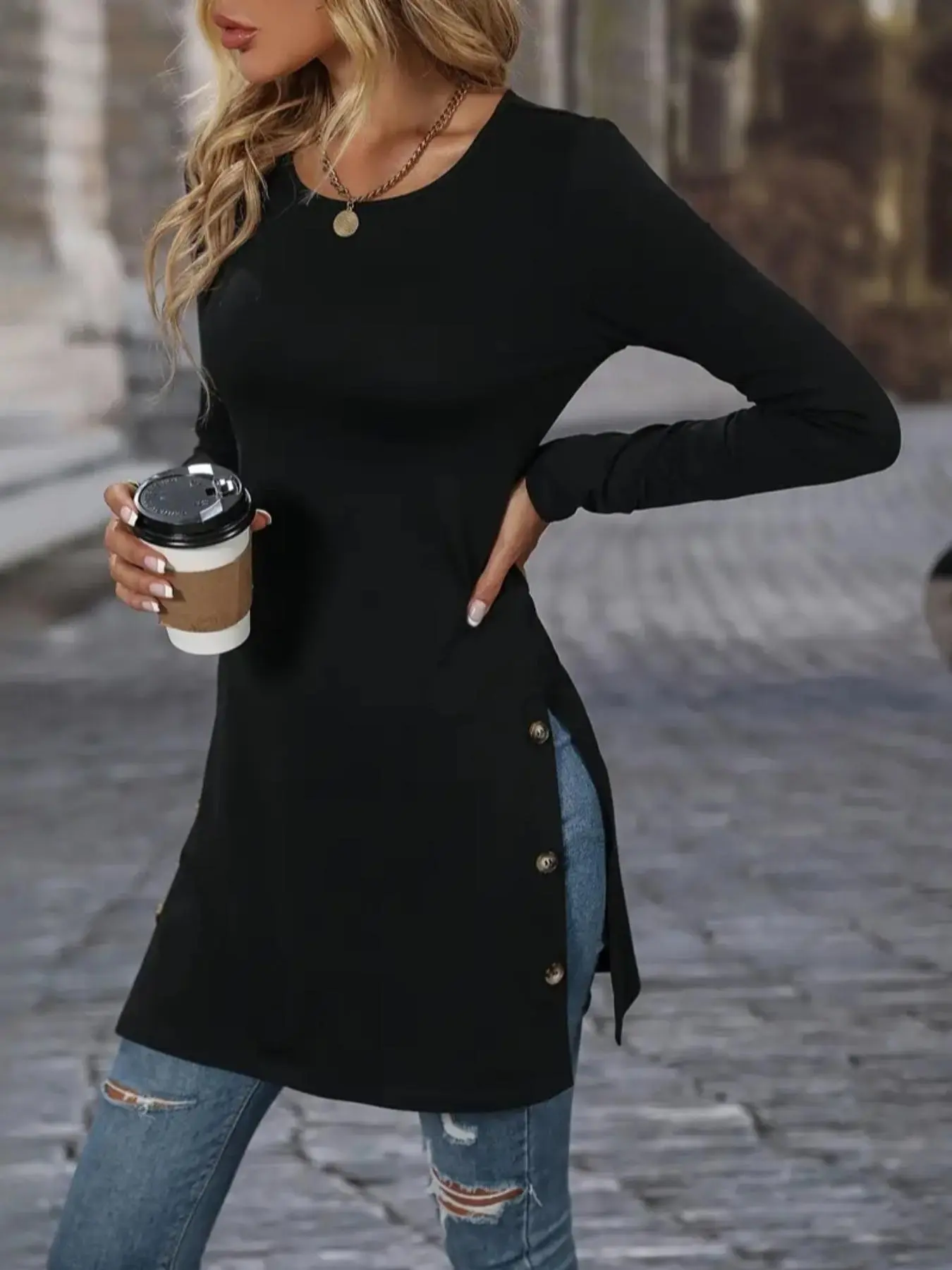 Women's Side Split Button Decor Round Neck Tee, Trendy Solid Long Sleeve T-Shirt, Ladies Casual Top for Spring & Fall, Women Clothes, Summer Clothes