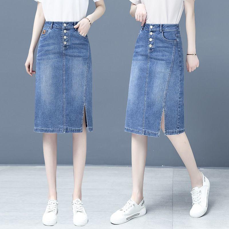 Chân Váy Denim, Dành Cho Nữ, Hàng Mới Về Xuân / Hè 2025, Cạp Cao, Xẻ Tà, Dài Trung Bình Ống Ôm Dáng Chữ A, Ngoại Cỡ, Chân Váy Bó Sát 1