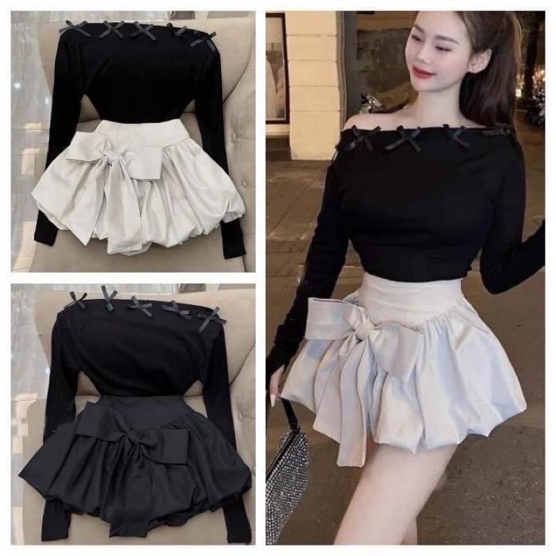  Chân váy bí ngô xoè phồng đính nơ có quần bên trong nữ tính Women 