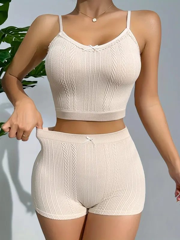 Women's Bow Front Jacquard Pyjama Set, Chic Cami Top & Elastic Waist PJ Shorts, Casual Women's Sleepwear for Summer 2
