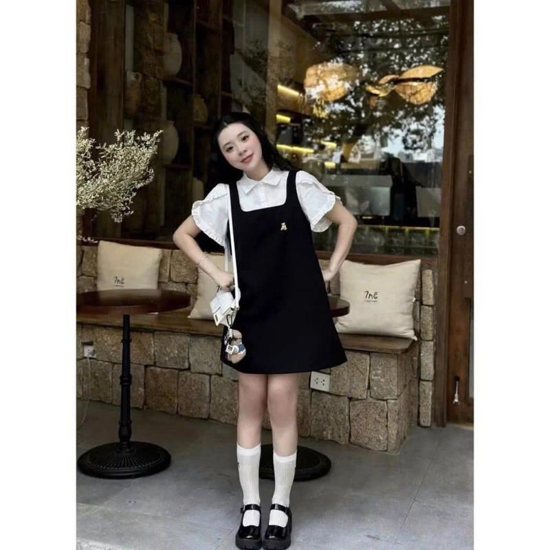 Váy bầu Yếm Liền Thiết Kế Tay Bèo Kiểu cổ Sơ Mi Mặc Qua Đầu Gối, Kiểu dáng sang chảnh Hè Mát mẻ Nữ Mùa Hè mát mẻ  Dress  Màu Đen
