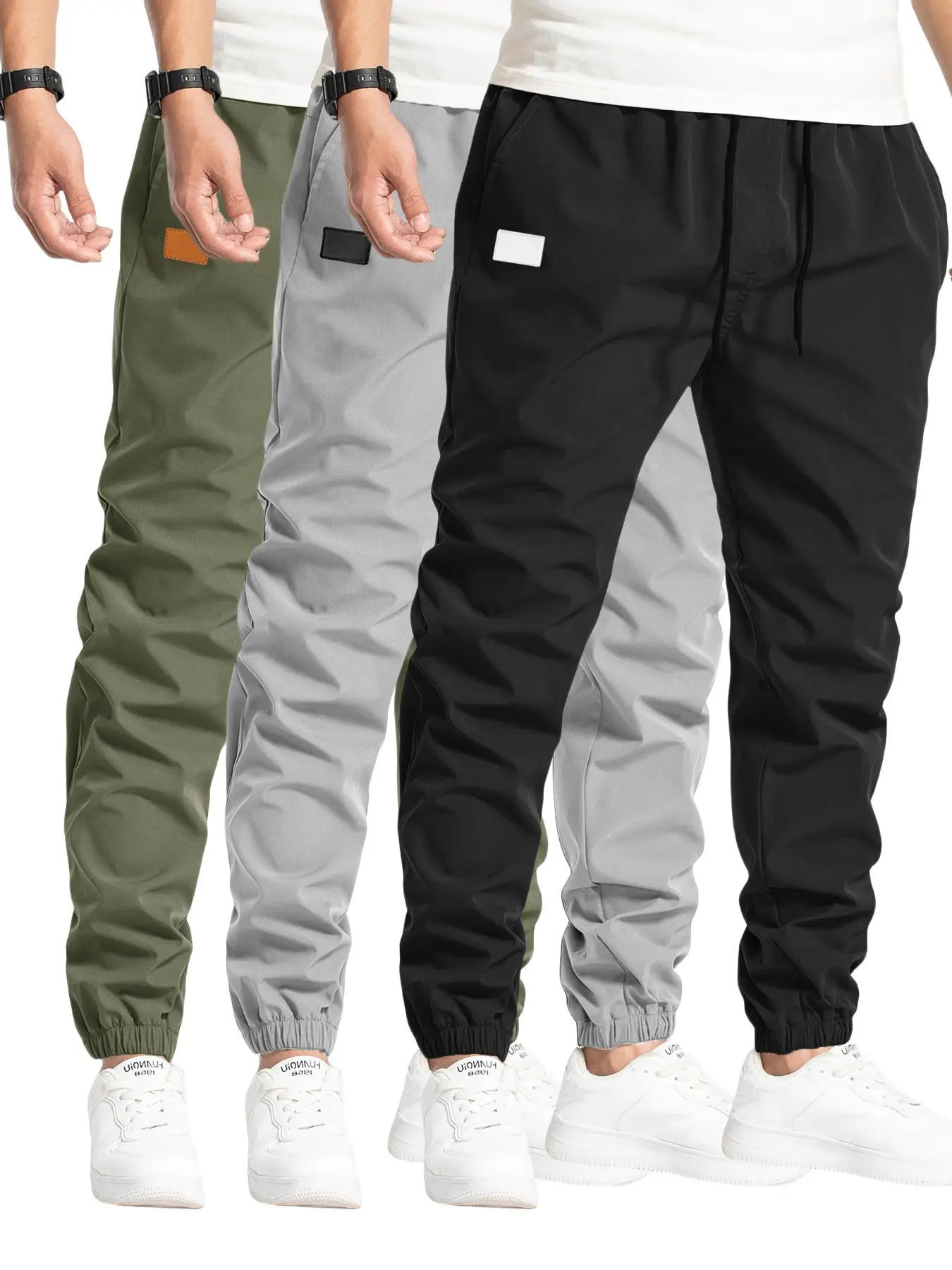 Men's Solid Color Patched Drawstring Waist Jogger Pants, Casual Comfy Loose Pocket Elastic Waist Trousers for Daily Wear, Woven Bottoms for All Seasons