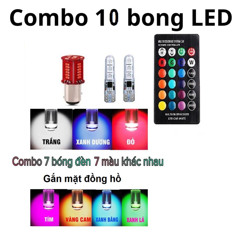 VG38 Combo 10 LED : 7 LED T10 7 màu gắn mặt đồng hồ+ 2 bóng T10 gắn demi có lưu màu + 1 hậu audi đỏ cho xe Ex135 Fu LED Wave RSX Jupiter đời mới Phụ Tùng Đèn Pha