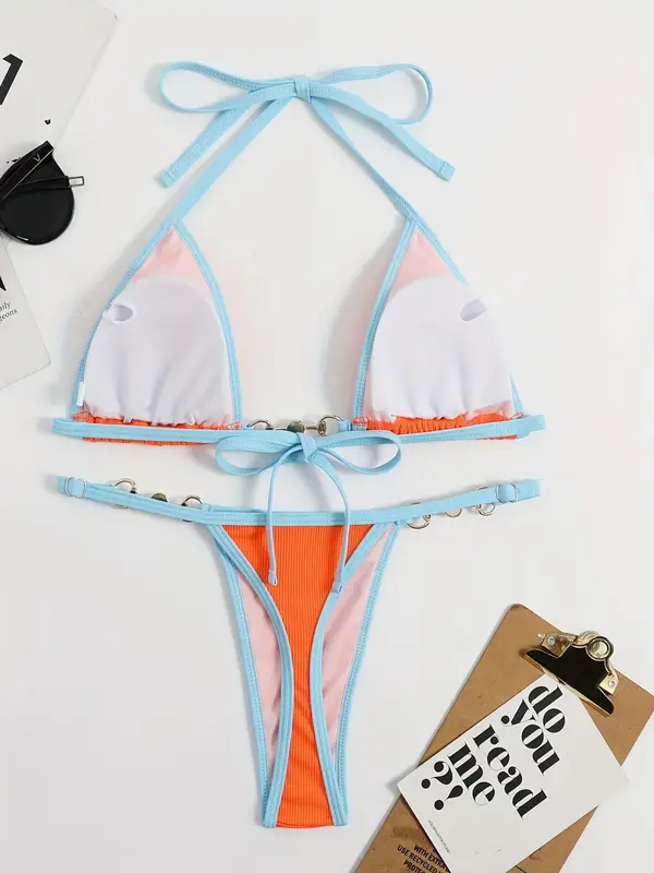 Women's Contrast Binding Faux Pearls Decor Ring Linked Design Sexy Skinny Bikini Set, 2024 Fashionable Summer New Halter Neck Triangle Swim Top & Swim Thong for Beach, Women's Swimwear for All Seasons 5