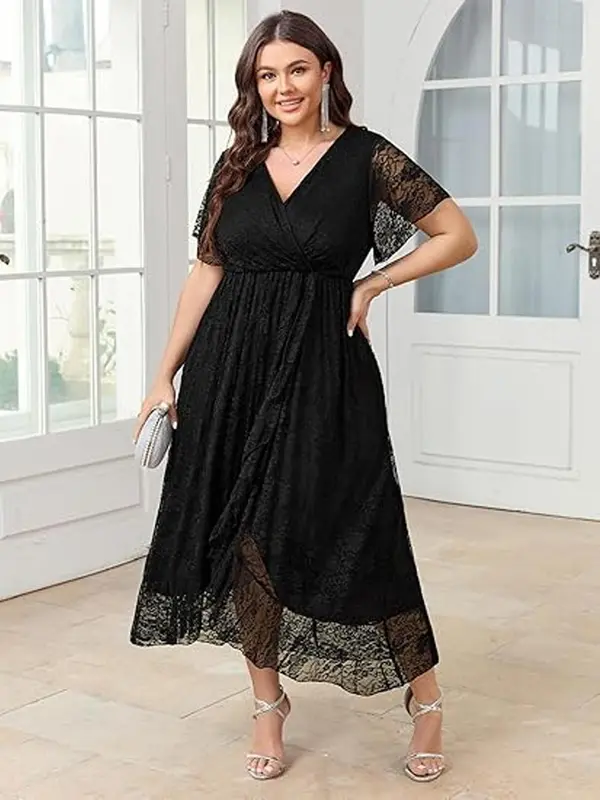 【Plus Size】 Solid Color Lace Trim Hem Tulle Dress, Elegant Long Sleeve Round Neck Dress for Party Wedding Guest, Women's Clothes for Spring & Fall 4