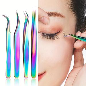 Set de Pinzas para Extensiones de Pestañas, 4 piezas/set Pinzas de Precisión, Herramientas Profesionales de Maquillaje para Aplicación de Pestañas y Recorte de Cejas, Cosmético