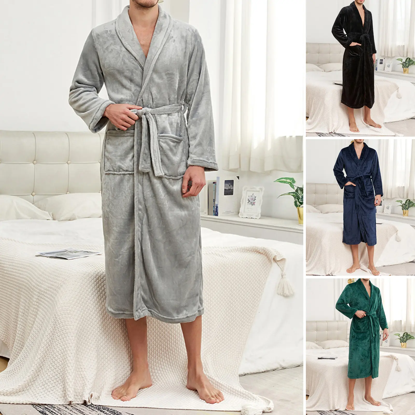 Men Winter Nightgown Thick Flannel Warm Tight Waist with Lace Up Belt Solid Color Lapel Pockets Great Water Absorption Mid Length Homewear Spa Hotel Bathrobe