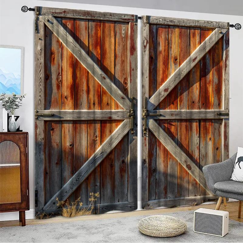 Wooden Door Pattern Printed Curtain, 1 Set Rustic Style Door Curtain with Lock, Home Decor for Living Room Bedroom, Room Divider Curtain 7