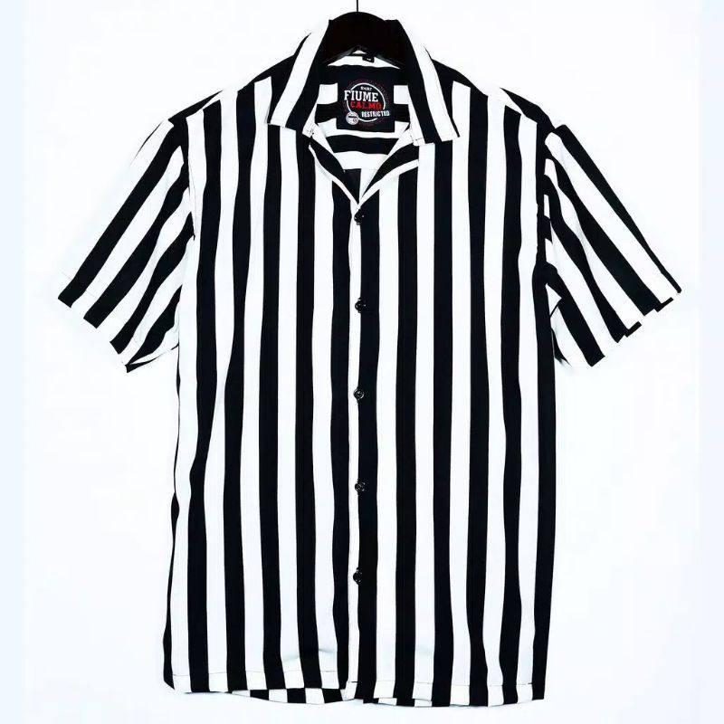 Kemeja Pria Salur Lengan Pendek Kemeja Strip Cowok Motif Setrip Kemeja Cowok Terbaru Santai Setrip V-Neck Slim-fitting Setrip Hem Kerah Panjang Hitam 5