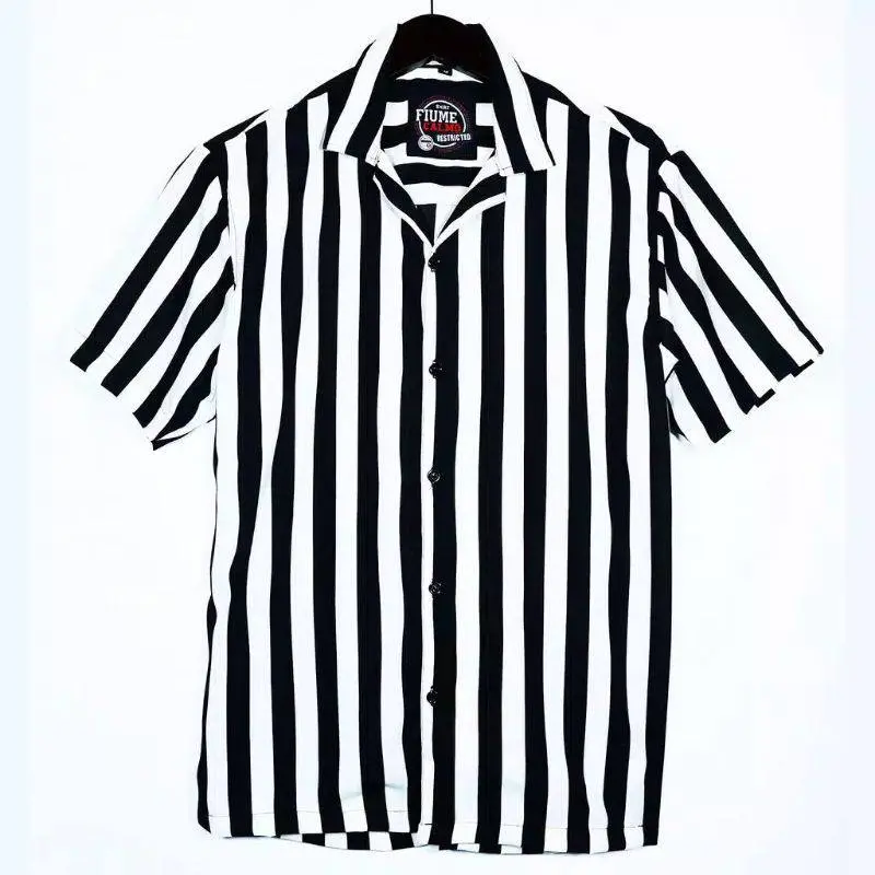 Kemeja Pria Salur Lengan Pendek Kemeja Strip Cowok Motif Setrip Kemeja Cowok Terbaru Santai Setrip V-Neck Slim-fitting Setrip Hem Kerah Panjang Hitam 5