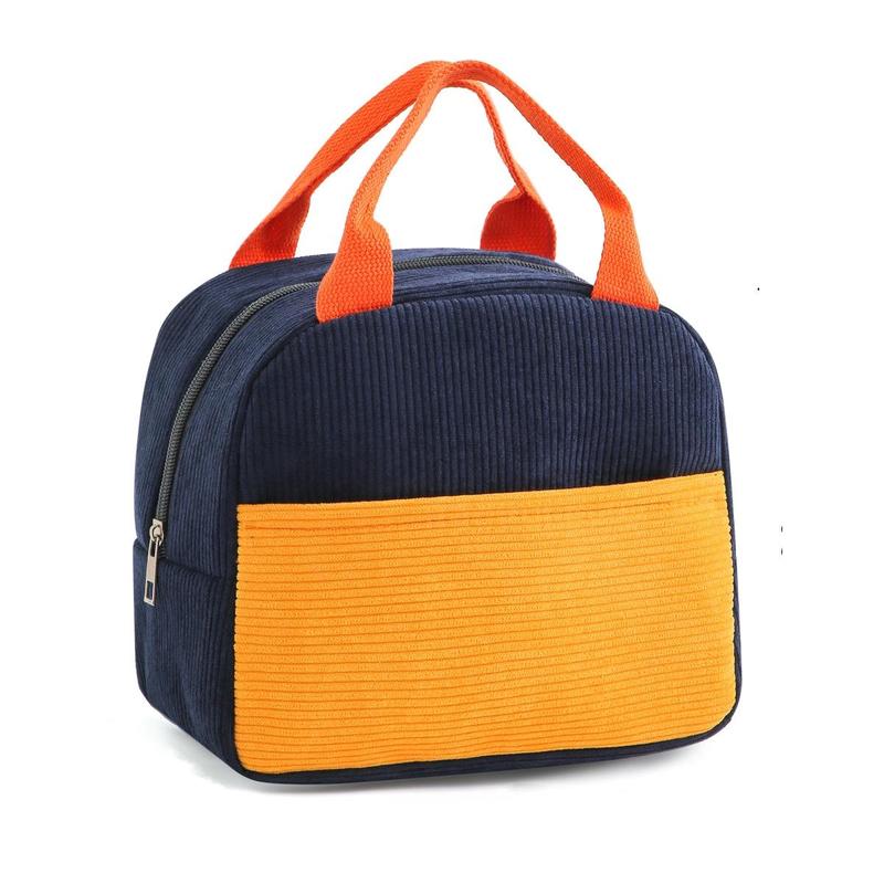 Product Introduction of Colorblock Corduroy Bento Bag, 1 Count Insulated Lunch Bag, Lunch Box Storage Bag for Work & School, Household Kitchen Gadgets 10