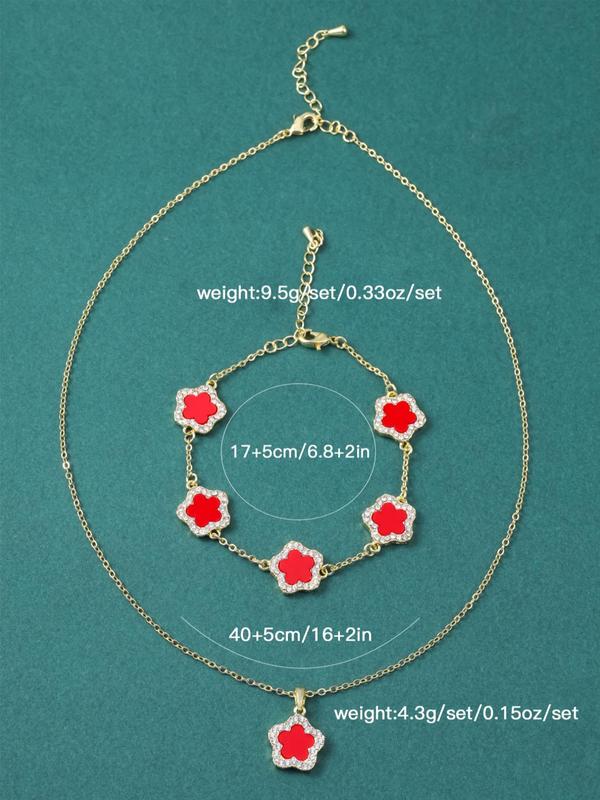 Spring Romantic Flower Charm Bracelet & Pendant Necklace, Real Jewelry Sets, Saint Patrick's Rhinestone Decor Women's Summer Accessories for Daily Wear, Todays Flash Sale Bundles Valentine's Day Gift, Vintage Jewelry  Jewelry Set for Women 7