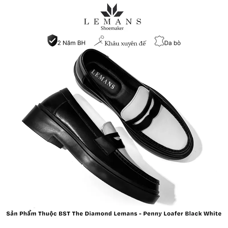 Giày da bò Penny Loafer da bò Trắng đen LEMANS, đế tăng chiều cao 4cm cho nam, giày lười nam, giầy da, bảo hành 24 tháng Cao Su Shoes 2