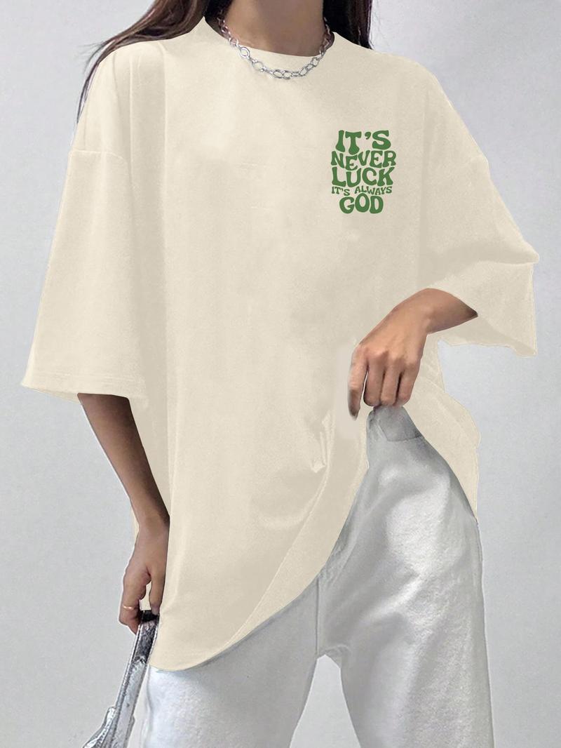 Product Introduction of Women's Letter Print Drop Shoulder Tee, Casual Half Sleeve Round Neck T-shirt, Women's Top for Summer Daily Wear 4