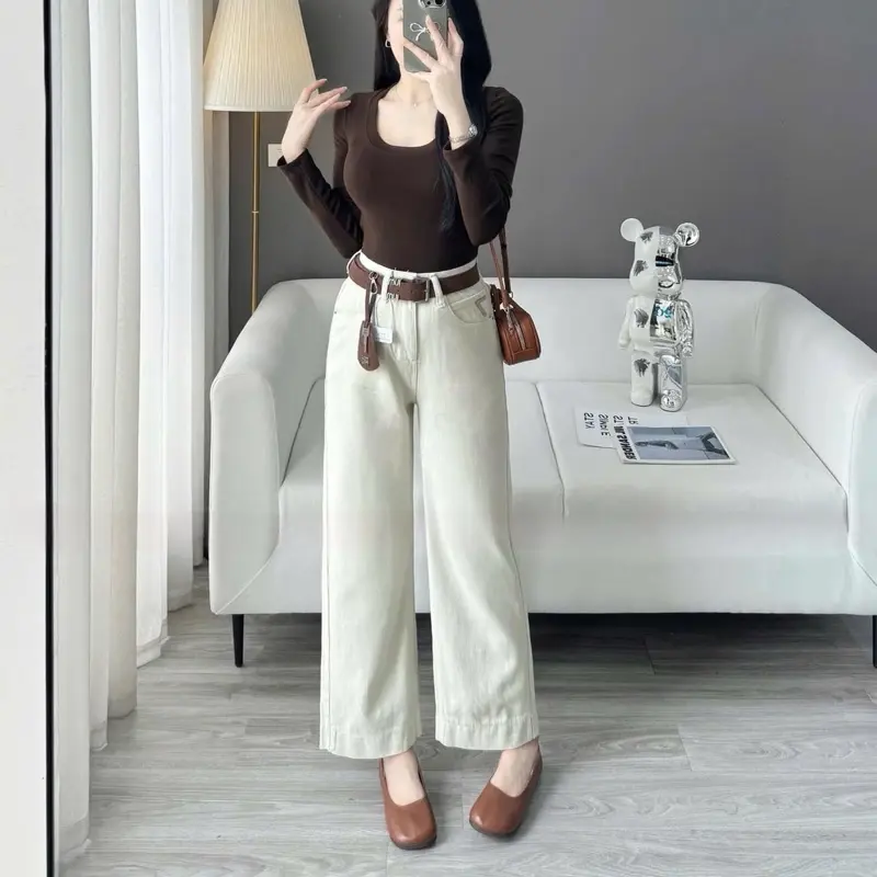 TATTA Jeans |#A17/A68  Quần Jeans Xuông 94cm 3 Màu Kèm Đai Charm  Nữ Kem Women quần bò 4