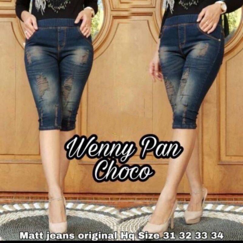 celana jeans pendek wanita jeans 7/8 list legging jeans pinggang kolor rip jeans sobek street Brown Kancing Soft Melar Navy 4