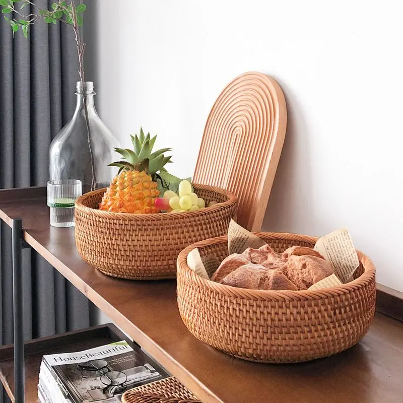 [Fruit Basket] Vietnamese Rattan Woven Fruit Basket for Living Room Home Modern Coffee Table Fruit Tray Snack Storage Box Bamboo Woven Basket Bread Food Basket